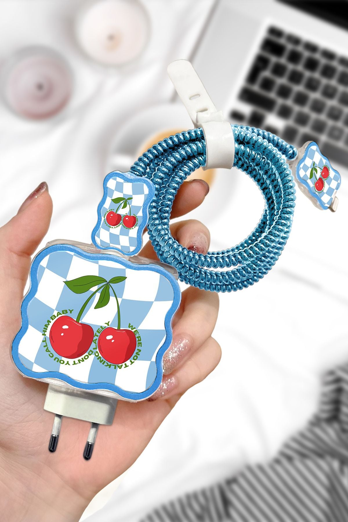 Iphone 20W Uyumlu Mavi Kiraz Şarj Koruyucu Kılıfı Seti