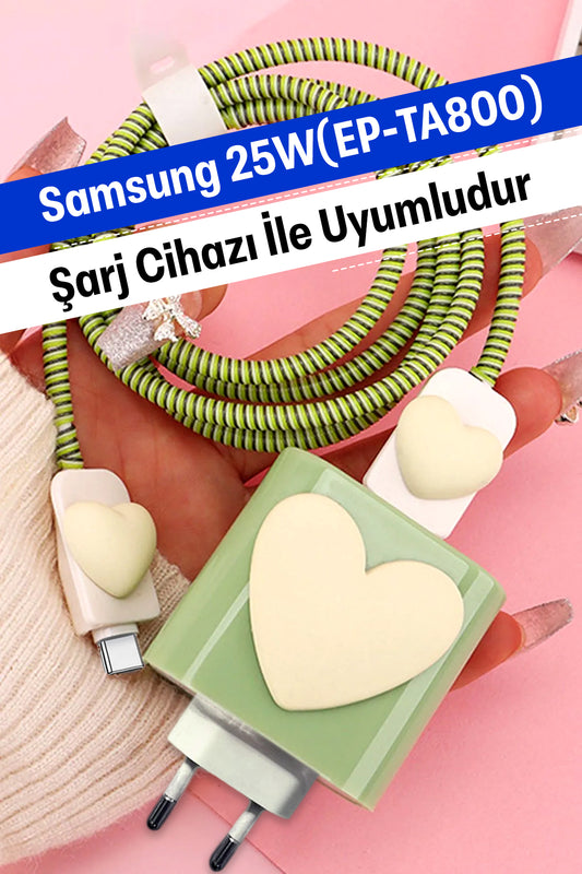 Samsung 25W (EP-TA800) Uyumlu Şarj Koruyucu Seti Yeşil Kalp