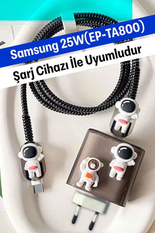 Samsung 25W (EP-TA800) Uyumlu Şarj Koruyucu Seti Siyah Şeffaf Astronot