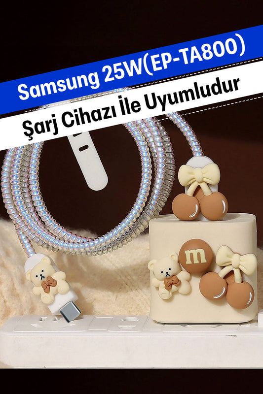 Samsung 25W (EP-TA800) Uyumlu Şarj Koruyucu Seti Krem Ayıcık