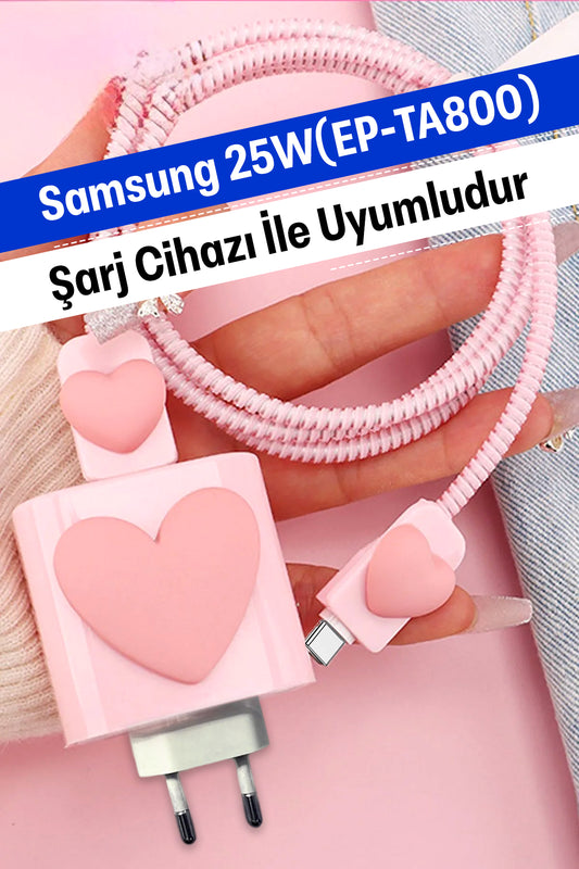 Samsung 25W (EP-TA800) Uyumlu Şarj Koruyucu Seti Pembe Kalp 2