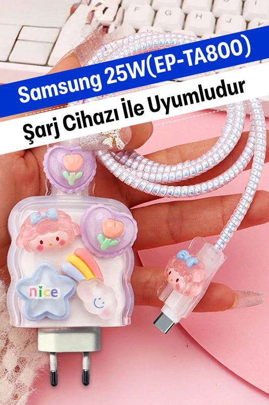 Samsung 25W (EP-TA800) Uyumlu Şarj Koruyucu Seti Kız Gökkuşağı