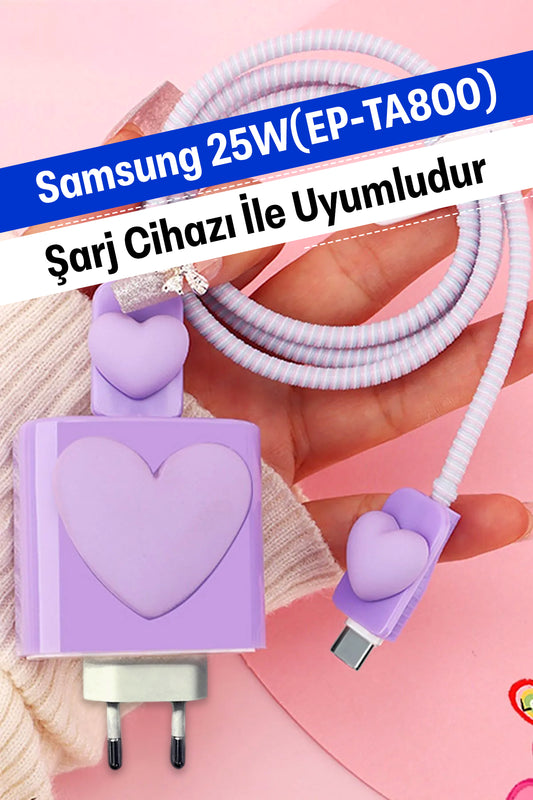 Samsung 25W (EP-TA800) Uyumlu Şarj Koruyucu Seti Lila Kalp 2