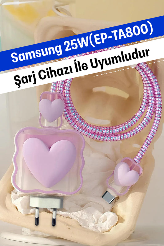 Samsung 25W (EP-TA800) Uyumlu Şarj Koruyucu Seti Lila Kalp