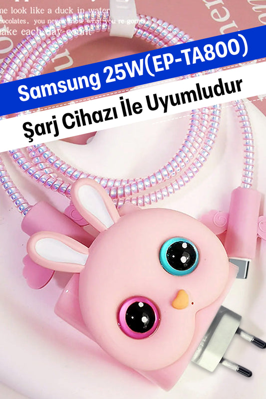 Samsung 25W (EP-TA800) Uyumlu Şarj Koruyucu Seti Pembe Kedi