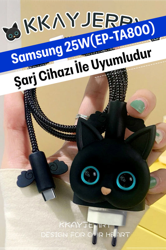 Samsung 25W (EP-TA800) Uyumlu Şarj Koruyucu Seti Siyah Kedi