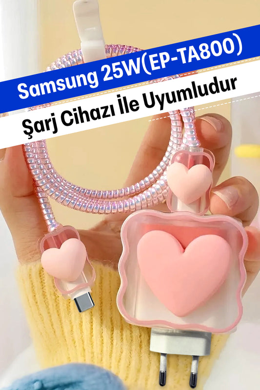 Samsung 25W (EP-TA800) Uyumlu Şarj Koruyucu Seti Pembe Kalp