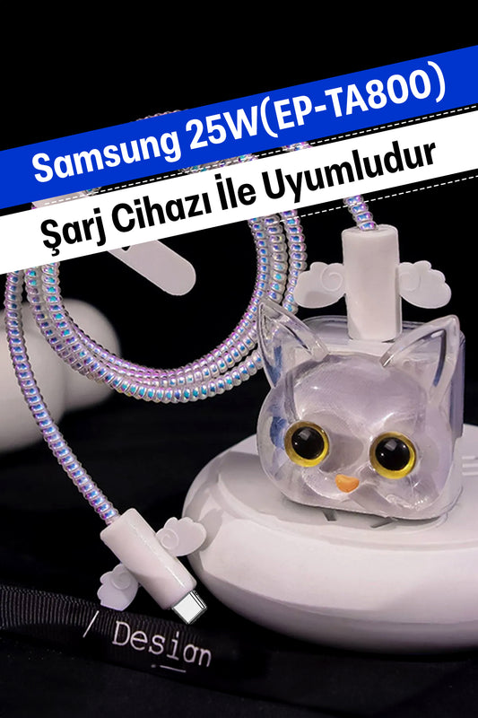 Samsung 25W (EP-TA800) Uyumlu Şarj Koruyucu Seti Şeffaf Kedi