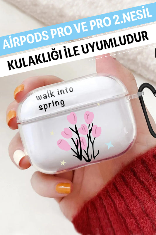 Airpods Pro Şeffaf Koruyucu Kılıf Pembe Çiçek